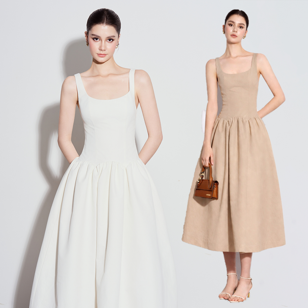 RECHIC Đầm dài Fantyna dáng dài 2 dây cổ vuông chiết eo sang trọng