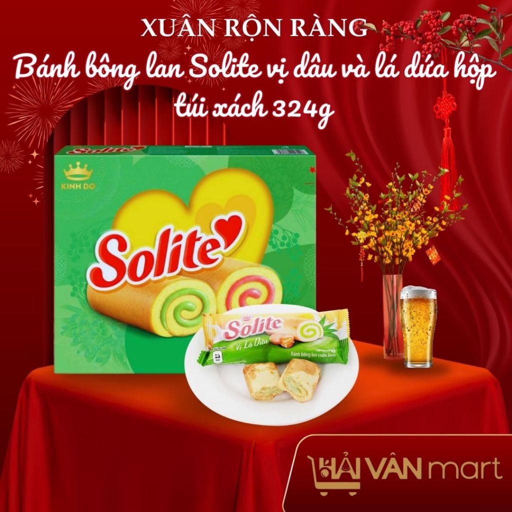 [BÁNH TẾT] Hộp Bánh Bông Lan Solite Tết 2026 Cuộn Kem Vị Lá Dứa & Vị Dâu 324G