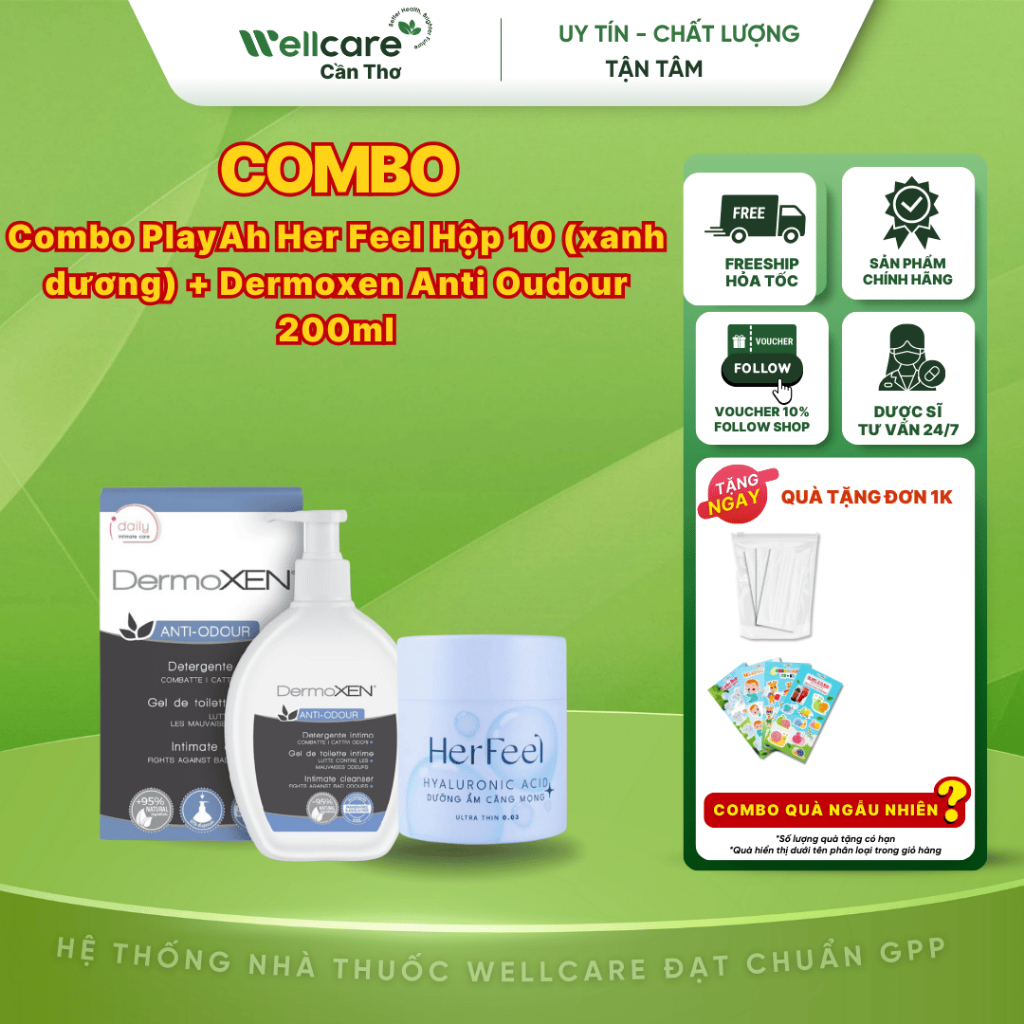 Combo PlayAh Her Feel Hộp 10 (xanh dương) + Dermoxen Anti Oudour 200ml