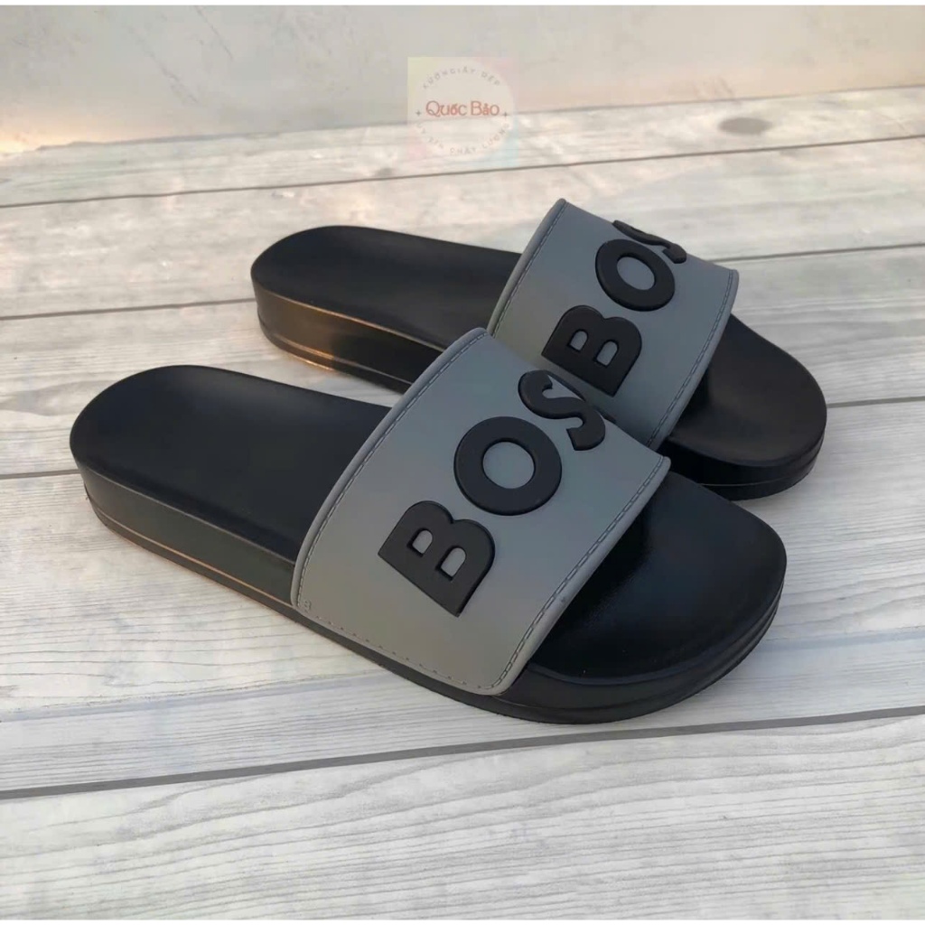 Dép Dán Quai  Da Nam nữ Quai Ngang BOSS Màu Xám Đen Hàng Hot Dép Lê Slipper
