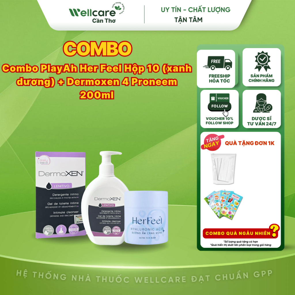 Combo PlayAh Her Feel Hộp 10 (xanh dương) + Dermoxen Lenitivo 200ml