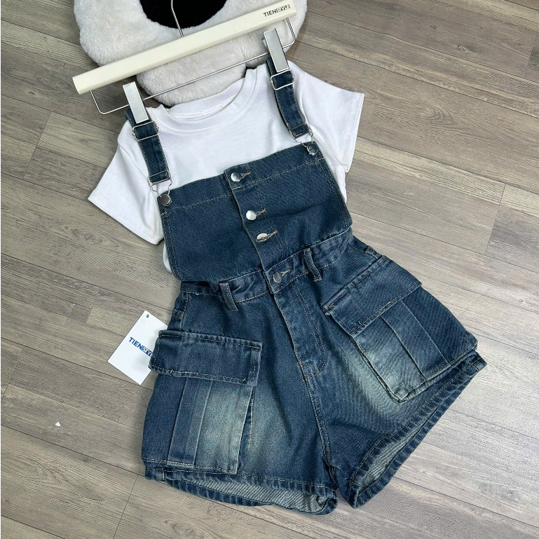 TIENSTYLE -   Set Yếm Quần Short Jean 4 Nút Túi Hộp Áo Thun Trắng Babytee Mặc 2 Kiểu