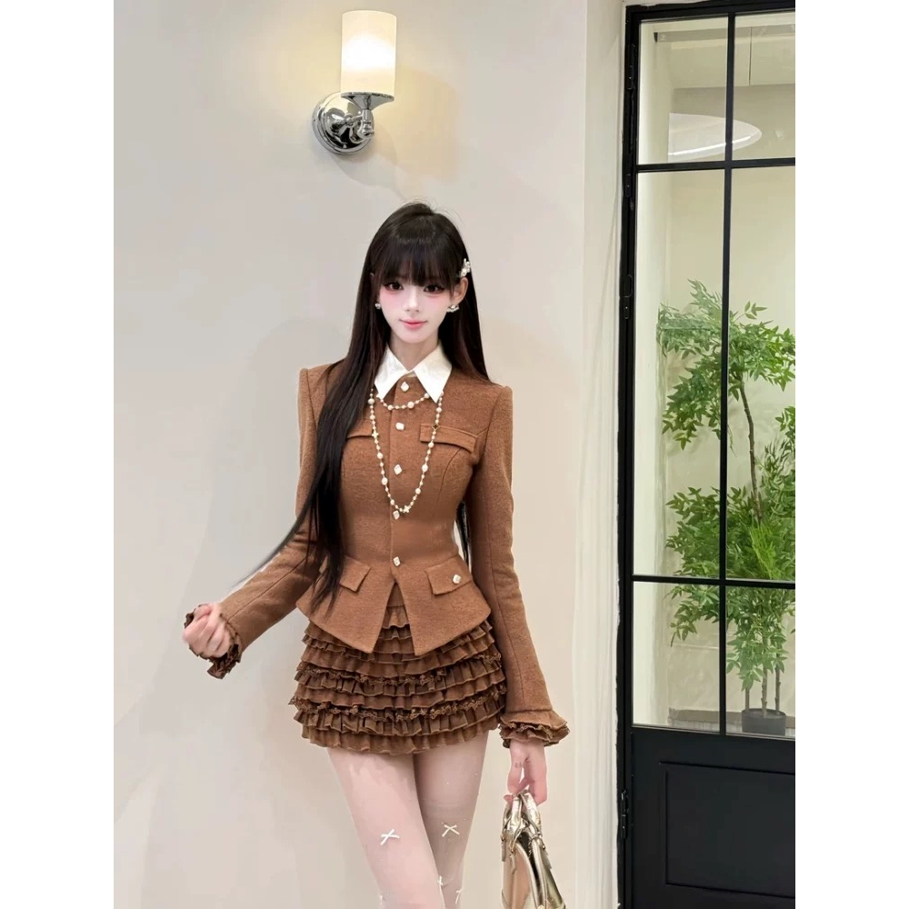 Set áo blazer ôm eo tày dài phối bèo + Chân váy xếp tầng Hb.studio S64