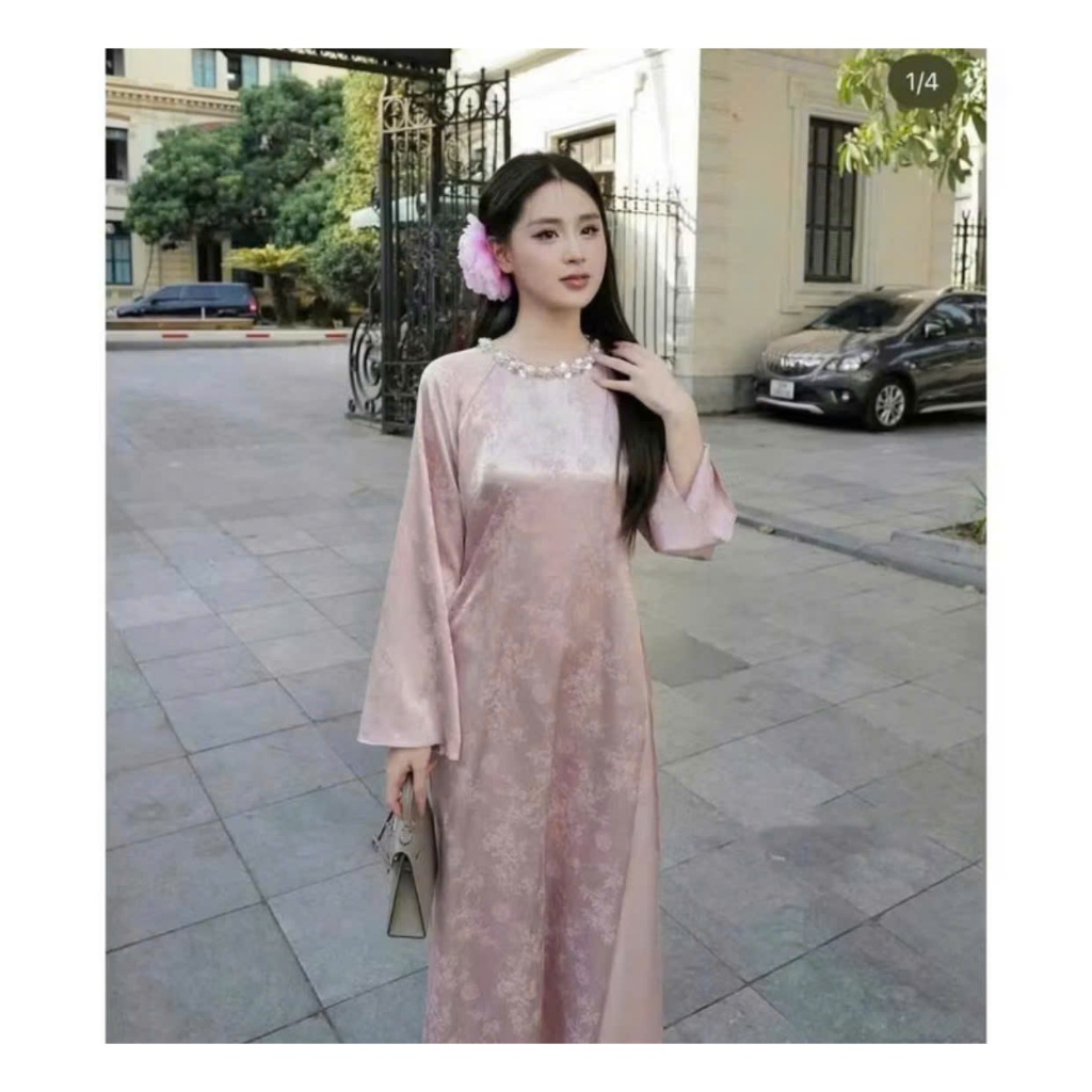 Áo dài dáng suôn phối cổ cườm họa tiết gấm hoa - AD THANH TRÚC | BigBuy360 - bigbuy360.vn