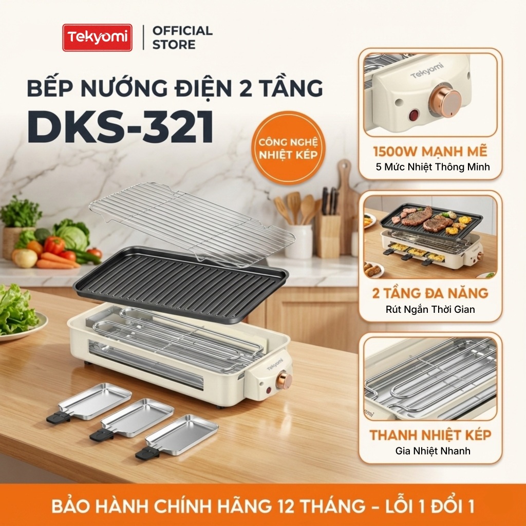 Bếp Nướng Điện Không Khói TEKYOMI DKS-321 Version 3.0 – Công Suất 1500W, Chiên Nướng Đa Năng, Đa Dạng Linh Kiện