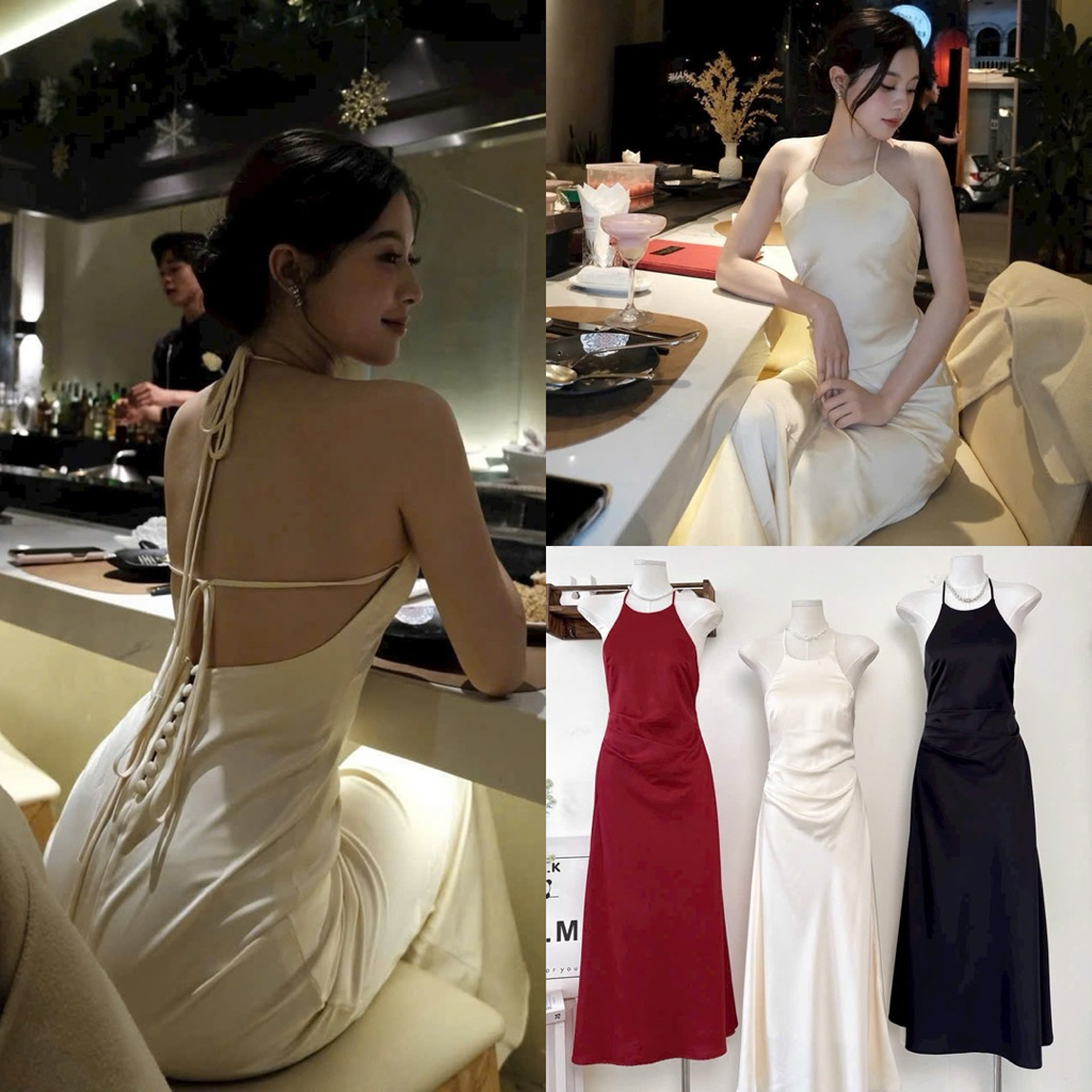 ( Sam’s Clothing ) Đầm lụa maxi cổ yếm nút bọc hở lưng sau xinh xắn