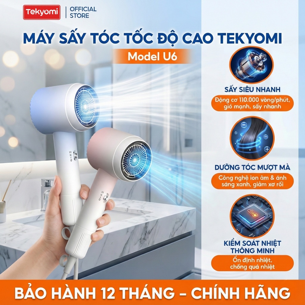 Máy Sấy Tóc 2 Chiều TEKYOMI U6 – Công Suất 1800W, Gọn nhẹ, Ion Âm & Ánh Sáng Xanh Dưỡng Tóc, Du Lịch