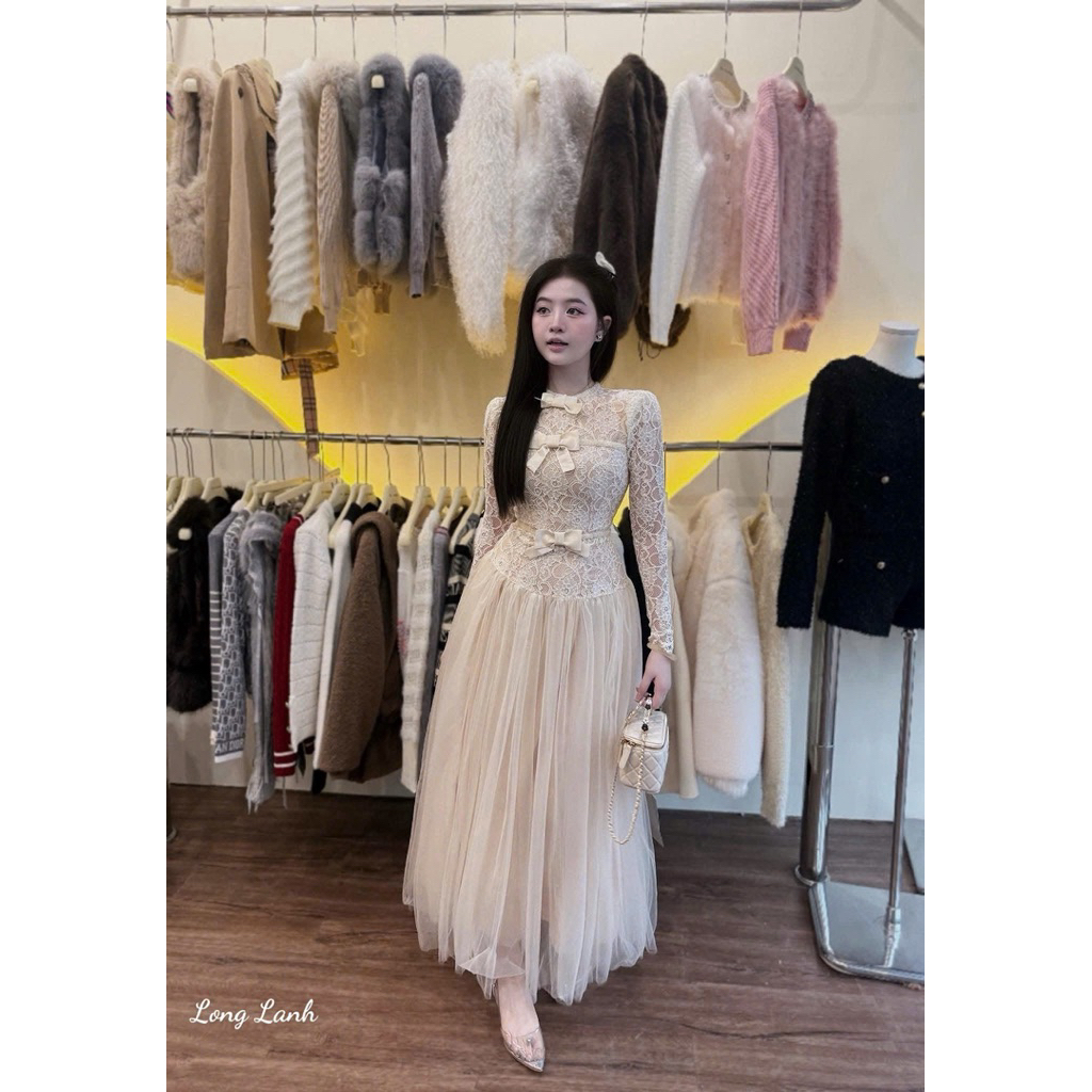 Váy nữ sang chảnh ,Váy Dự Tiệc Ren Lưới Màu Kem Sang Chảnh siêu xinh AV Design