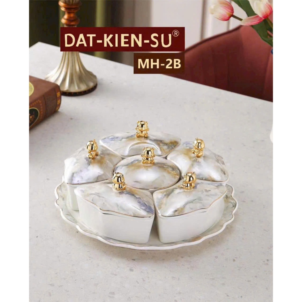 Khay Mứt Sứ Vân Đá Ghi Khay Sứ 6 Hũ Sang Trọng Decor Tết