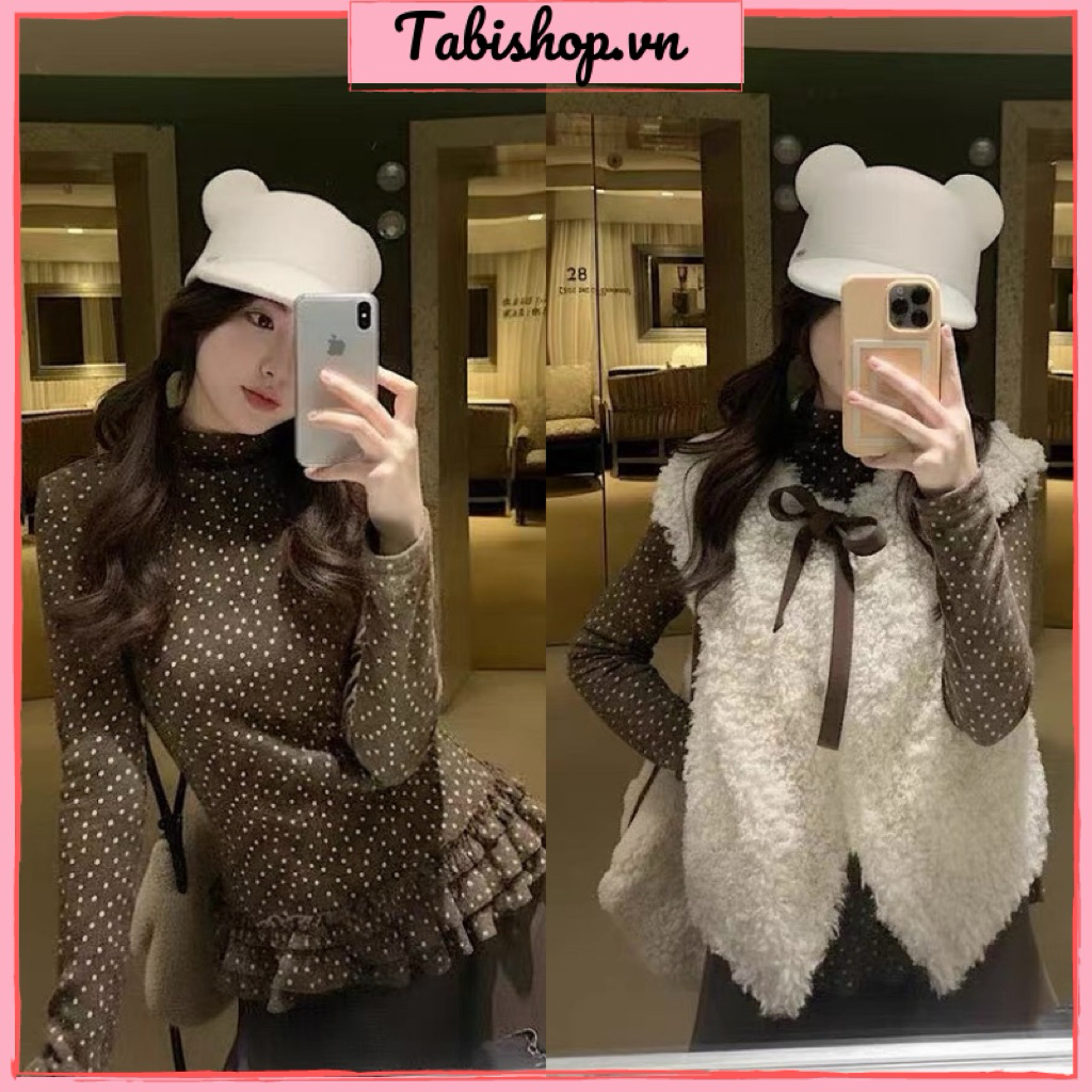 Set áo chấm bi cổ nơ + gile  TABISHOP set áo tiểu thư mùa lạnh vintage Hàn Quốc(280)