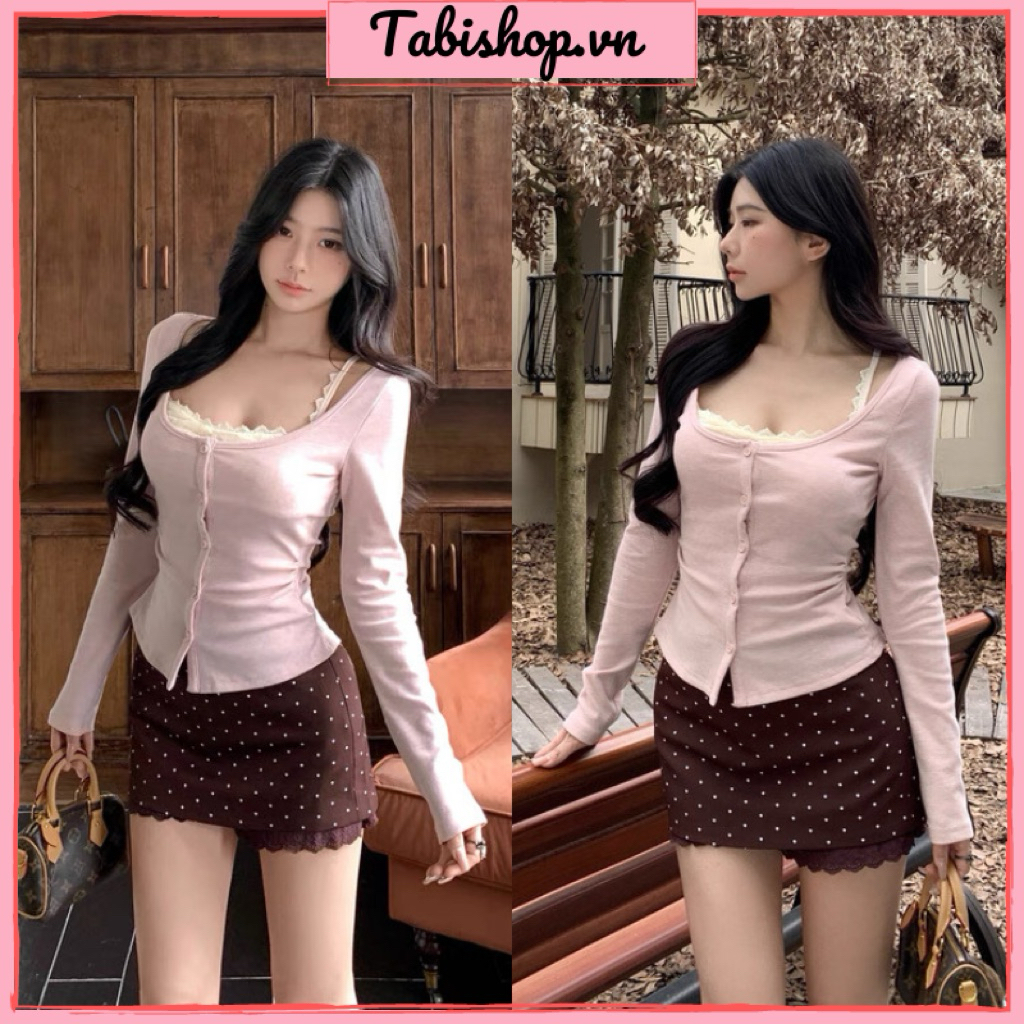 Set  Áo Hồng Phối Ren Dáng Ôm + Chân Váy Bi Nâu TABISHOP Set tiểu thư sang chảnh sexy mặc đi chơi(28