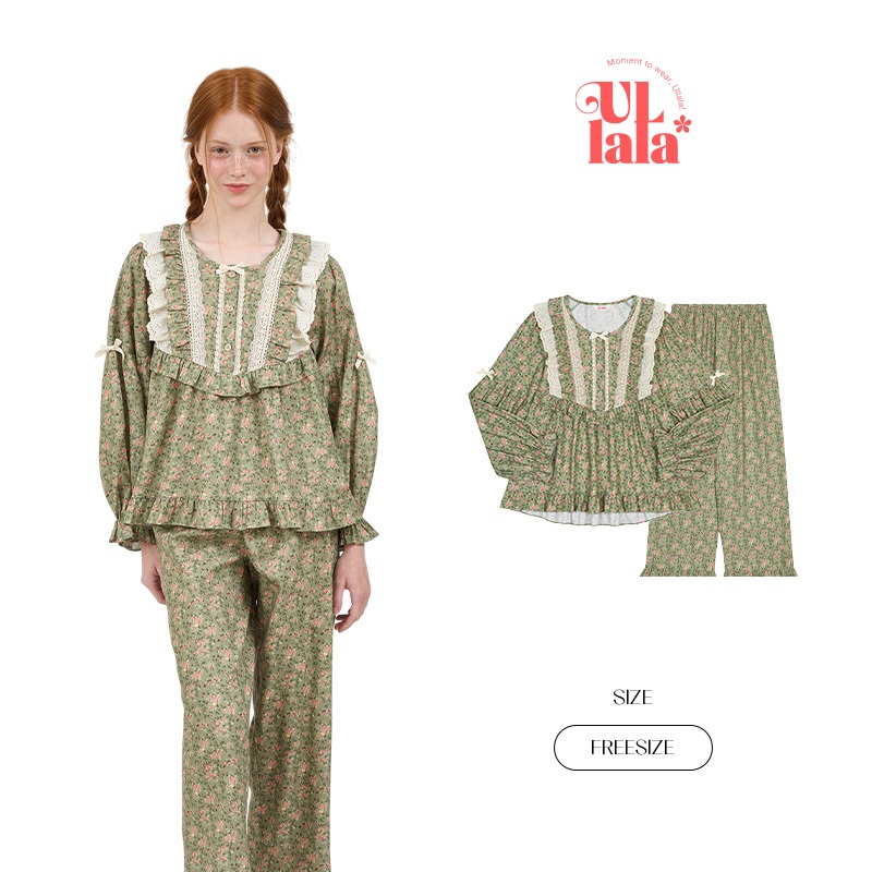 Bộ ngủ mặc nhà nữ ULLALA Annes Mello màu kaki họa tiết Hoa nhí Vintage Freesize
