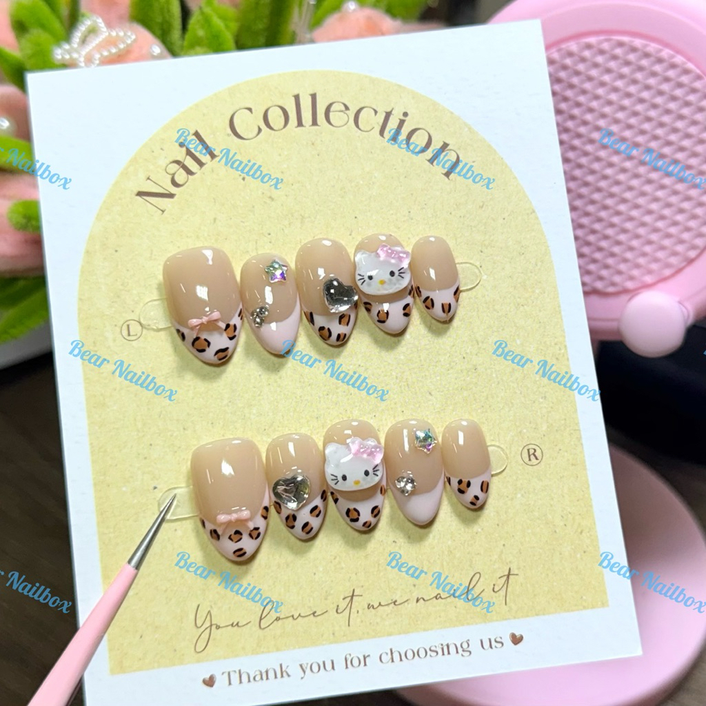B420 Nailbox thạch nút vẽ beo đính charm hello kítty form bầu nhọn ngắn bear nailbox