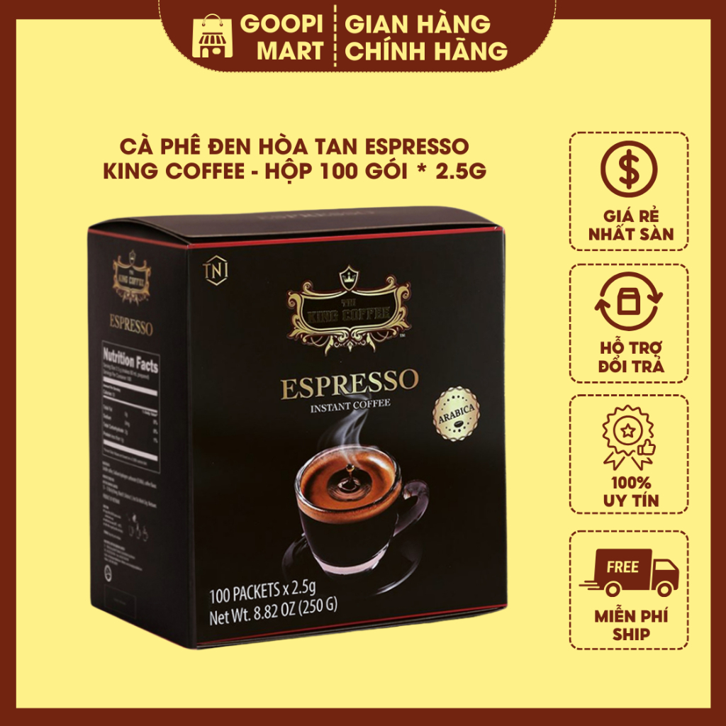 Cà Phê Đen Hòa Tan Espresso King Coffee Hộp 100 Gói x 2.5G