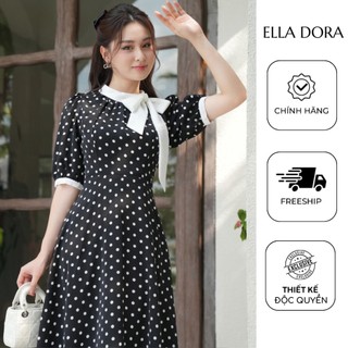 Đầm nữ ELLA DORA họa tiết chấm bi cổ phối nơ dáng gọn thanh lịch sang trọng [D90]