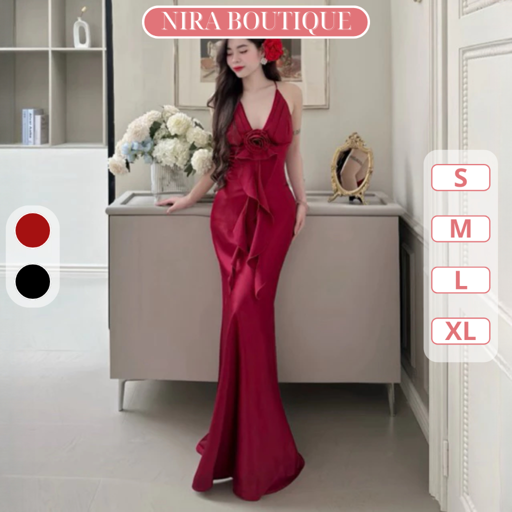 Đầm 2 Dây Lụa Đan Lưng Dáng Dài Đính Hoa Rose Tua Rua-J10-Nira.Boutique