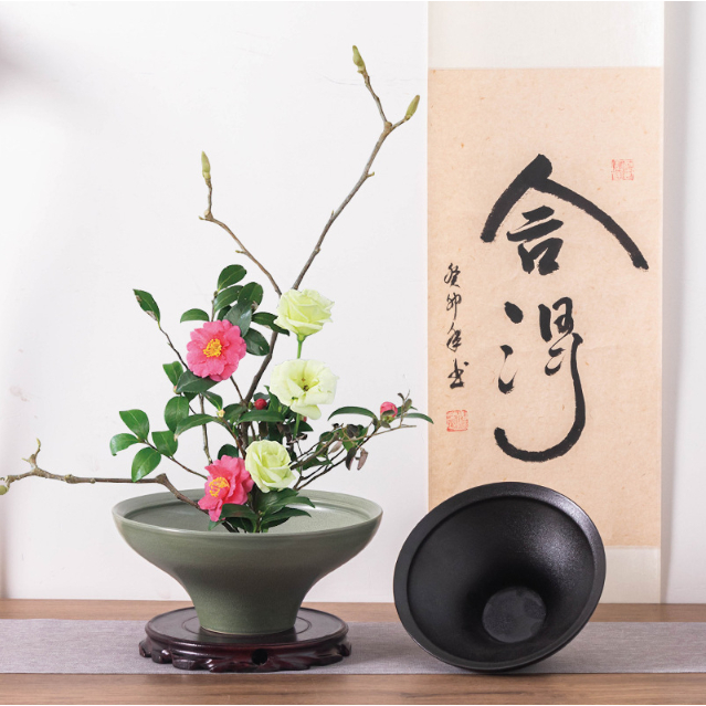 chậu cắm bonsai ikebana đĩa có chân dáng cao IKE8 thích hợp bày hoa quả trang trí