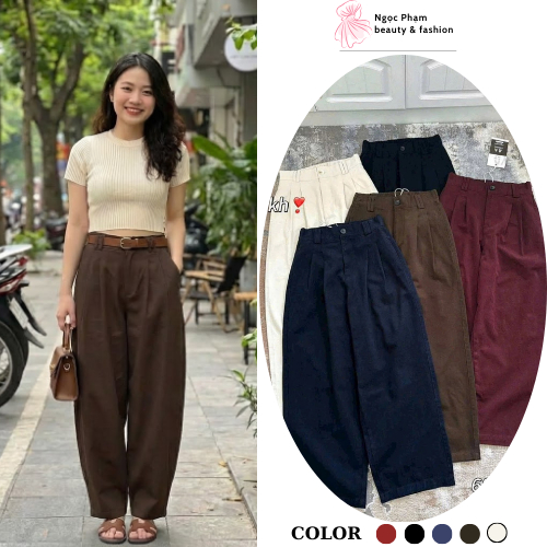 Quần Baggy Thụng Chất Kaki Cạp Cao Khoá Lưng Chun Tôn Dáng Ống Rộng Chất Kaki Co Giãn Nhẹ Lưng Chun 
