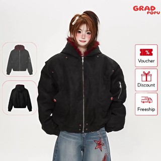 Áo khoác nữ GRADPOPU dáng rộng lót lông màu đỏ dày dặn ấm áp mùa đông chất liệu cotton AK514