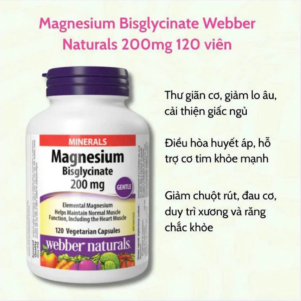 Viên Uống Bổ sung Magiê Webber Naturals Magnesium Bisglycinate 200mg