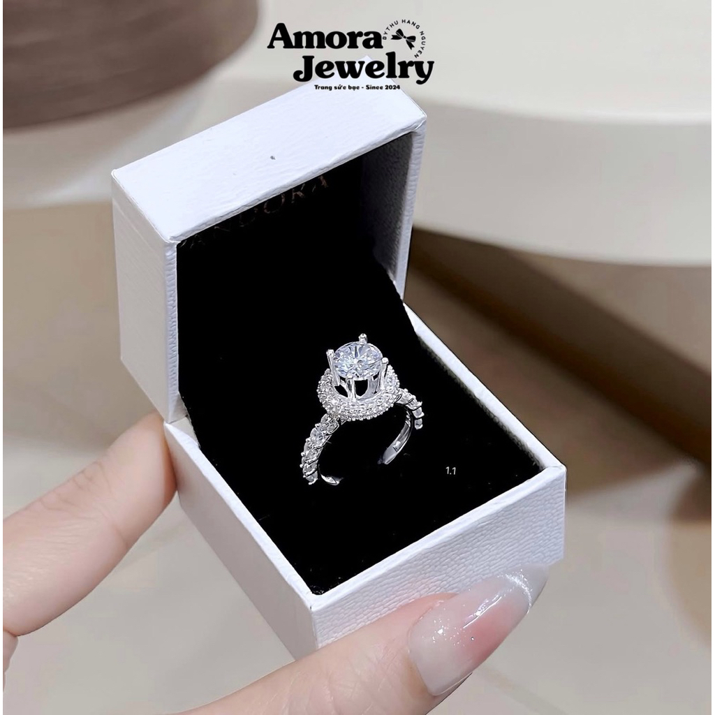 Nhẫn nữ bản đá to AMORA bạc ta hàng kỹ long lanh AMORA JEWELRY NNĐT0389