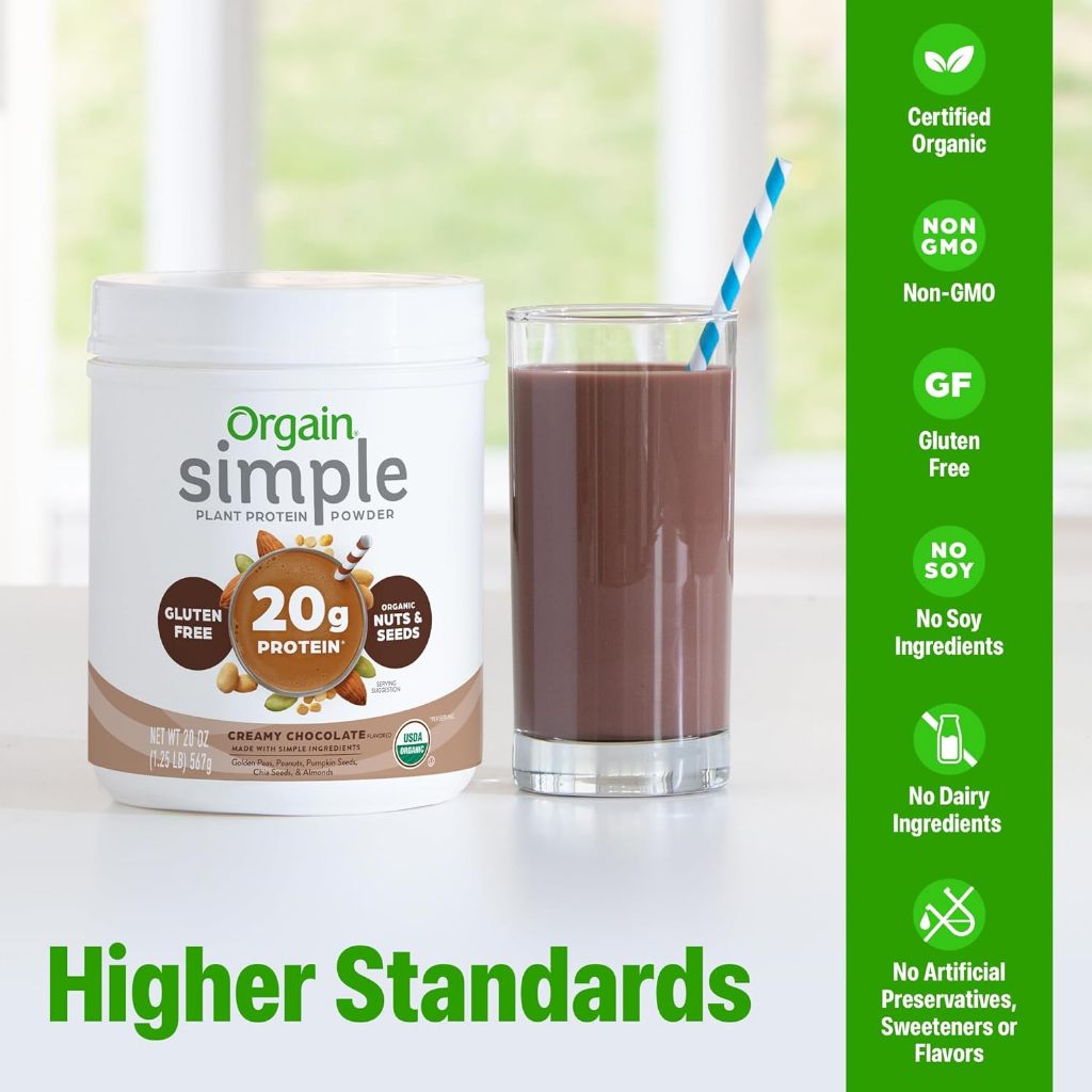 Orgain Organic Simple Vegan Protein Powder, Chocolate, 20g Plant Based Protein, No Dairy or Lactose