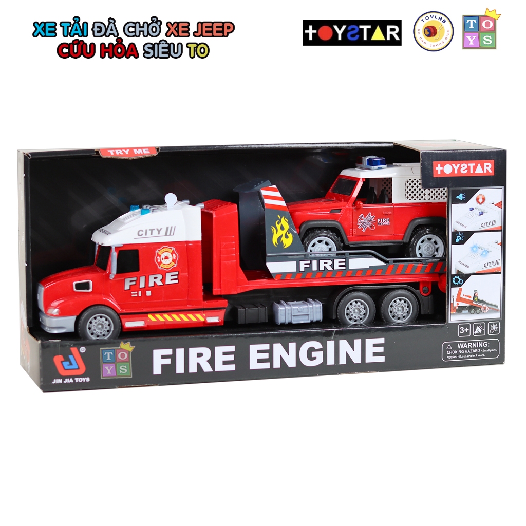 🚒🚚 Xe Tải Đà Chở Xe JEEP Cứu Hỏa TOYSTAR Siêu To – Bánh Đà Mạnh Mẽ – Còi Nhạc Sinh Động 🔥🎶