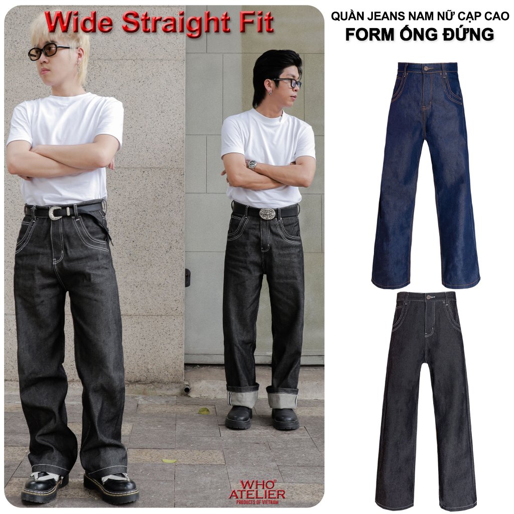 Quần jeans nam nữ cạp cao form ống đứng, Wide Straight Fit Jeans WHO