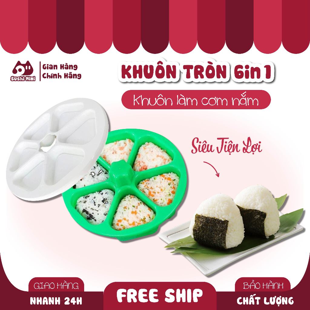 Khuôn TRÒN làm cơm nắm, khuôn sushi, khuôn cơm nắm hình tam giác, Sáu trong một, Dụng cụ làm cơm ron