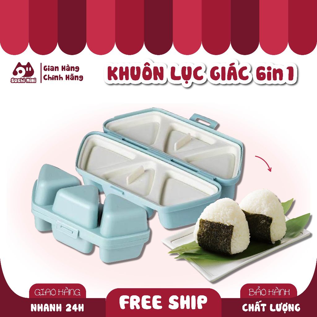 Khuôn LỤC GIÁC làm cơm nắm, khuôn sushi, khuôn cơm nắm hình tam giác, Sáu trong một, Dụng cụ làm cơm