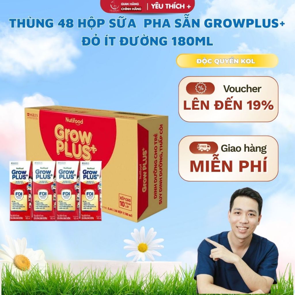 Thùng 48 hộp Nutifood GrowPLUS+ Suy Dinh Dưỡng (Đỏ) Ít đường 180ml