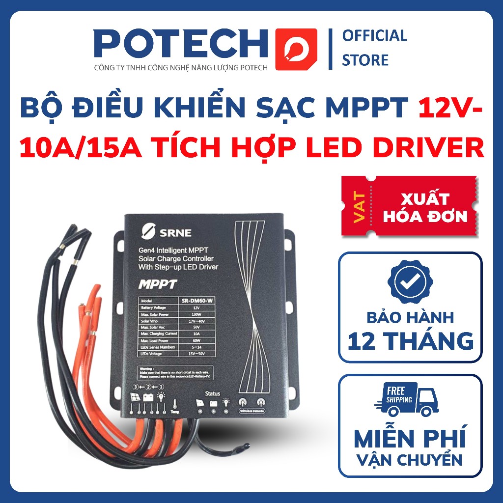 Bộ điều khiển sạc năng lượng mặt trời SRNE, bộ sạc MPPT 12V-10A/15A tích hợp LED driver