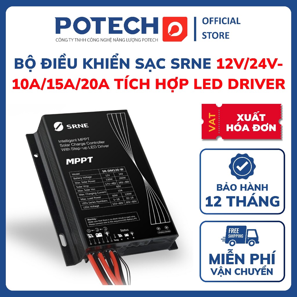 Bộ điều khiển sạc SRNE năng lượng mặt trời, sạc MPPT 10A/15A/20A hệ 12V/24V tích hợp LED driver