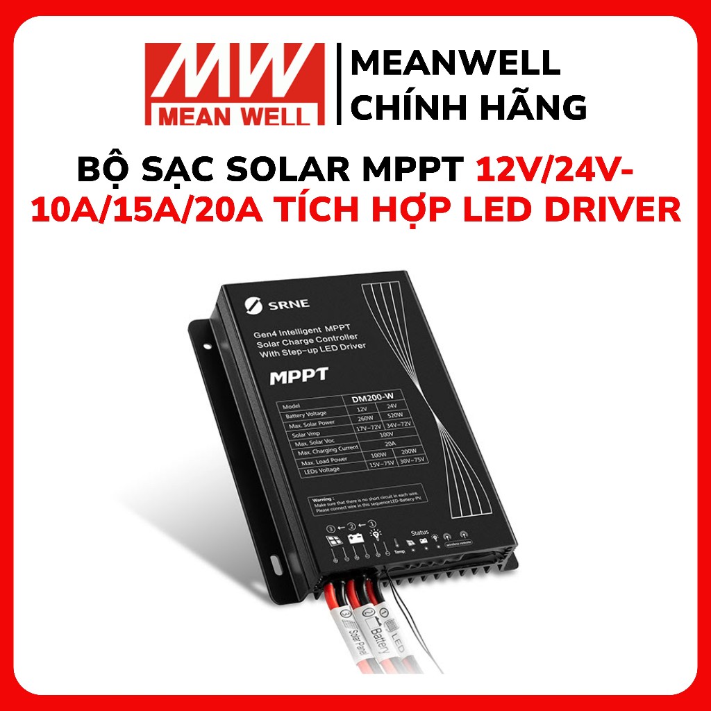Bộ điều khiển sạc đèn năng lượng mặt trời MPPT, SRNE 12V/24V-10A/15A/20A tích hợp LED driver
