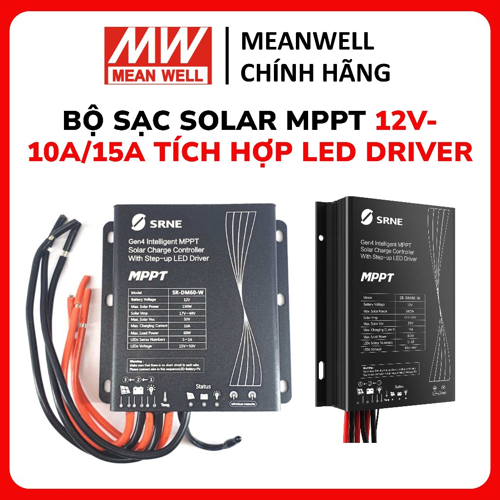 Bộ sạc điều khiển năng lượng mặt trời SRNE, bộ sạc solar MPPT 12V-10A/15A tích hợp LED driver