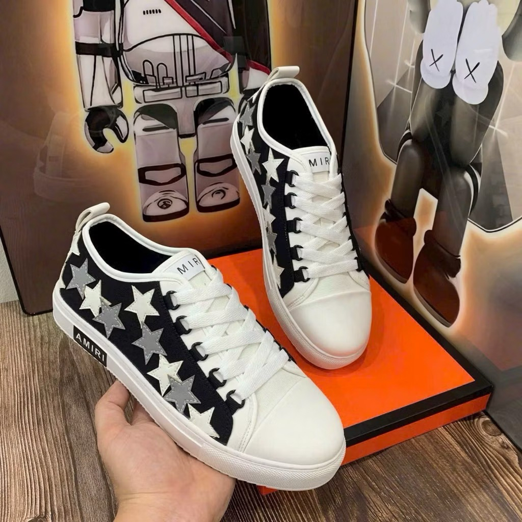 Giày thể thao sneaker nam nữ Amiri canvas thêu ngôi sao da hai bên mũi trắng đế cao su non boy phố G
