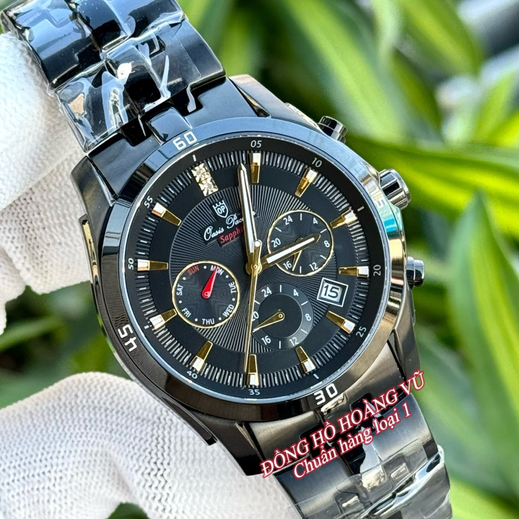 Đồng hồ Nam OP 6kim kính sapphire, máy pin Nhật, full đen cá tính, đáy xoáy chống nước tốt