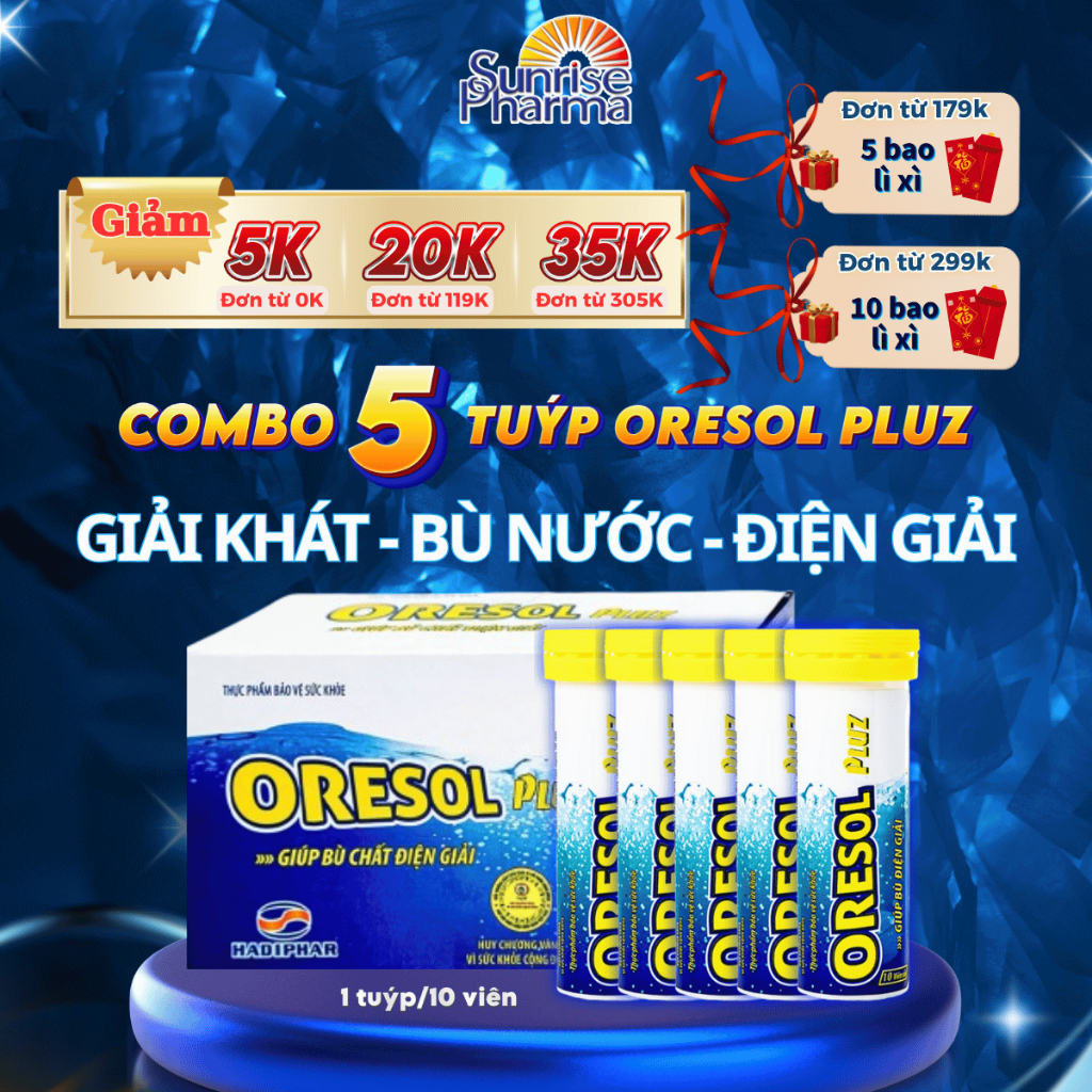 Combo 5 tuýp viên sủi Oresol Pluz, giúp cơ thể bù nước và điện giải, tăng cường sức đề kháng, hỗ trợ