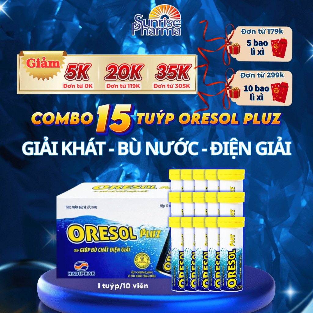 Combo 15 tuýp viên sủi Oresol Pluz, giúp cơ thể bù nước và điện giải, tăng cường sức đề kháng, hỗ tr