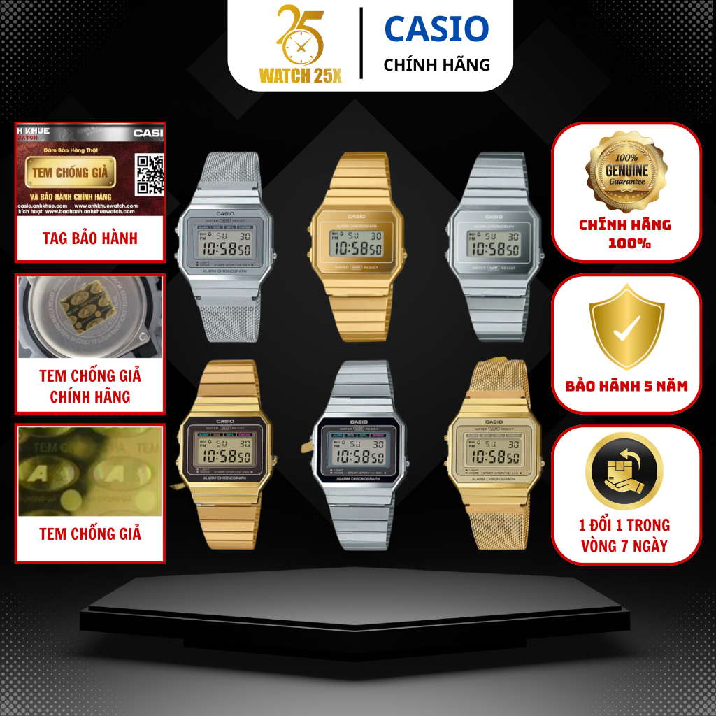 Đồng Hồ Nam Nữ Casio A700 Watch25x Thiết Kế Siêu Mỏng Slim Case - Mặt Kính Khoáng Chống Trầy