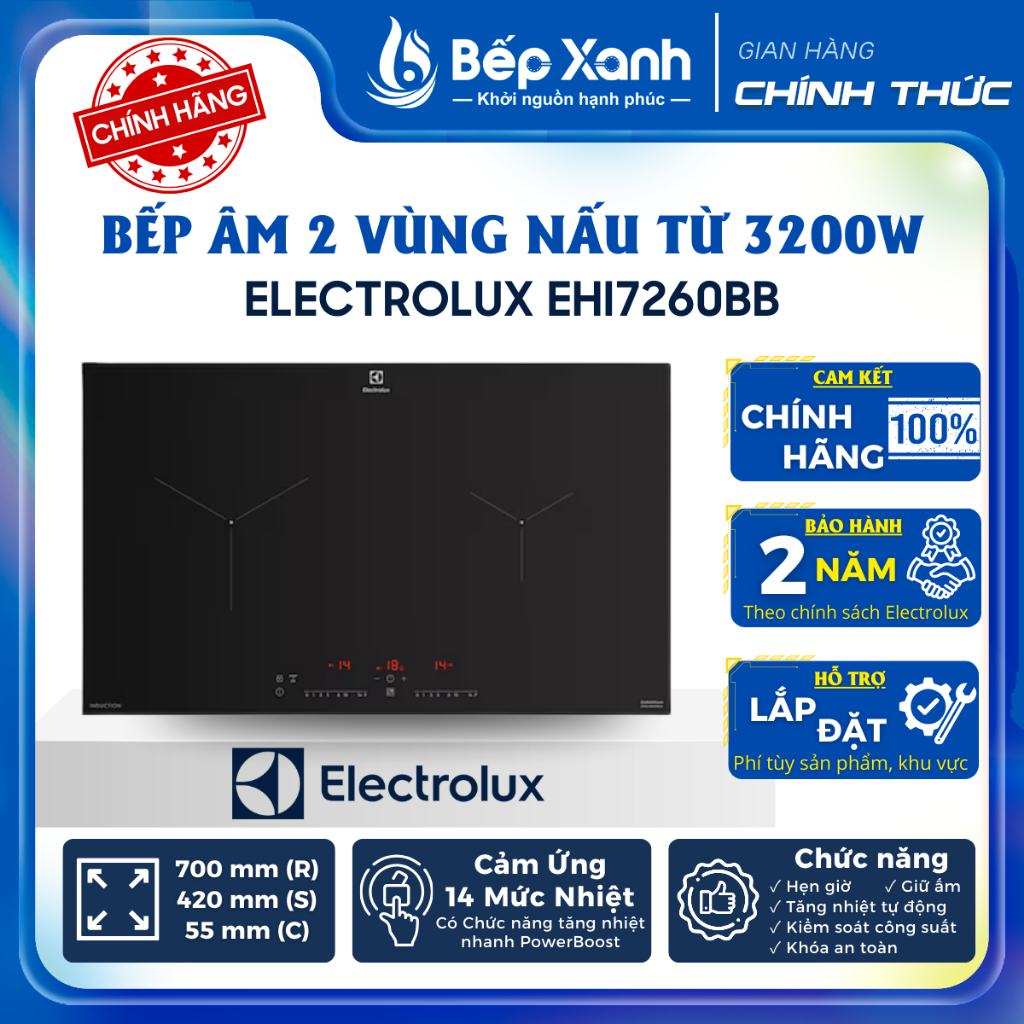 [FREESHIP HCM] Bếp Từ Âm Electrolux EHI7260BB - 2 Vùng Nấu - Ngang 70cm - Bảo Hành Chính Hãng 2 Năm