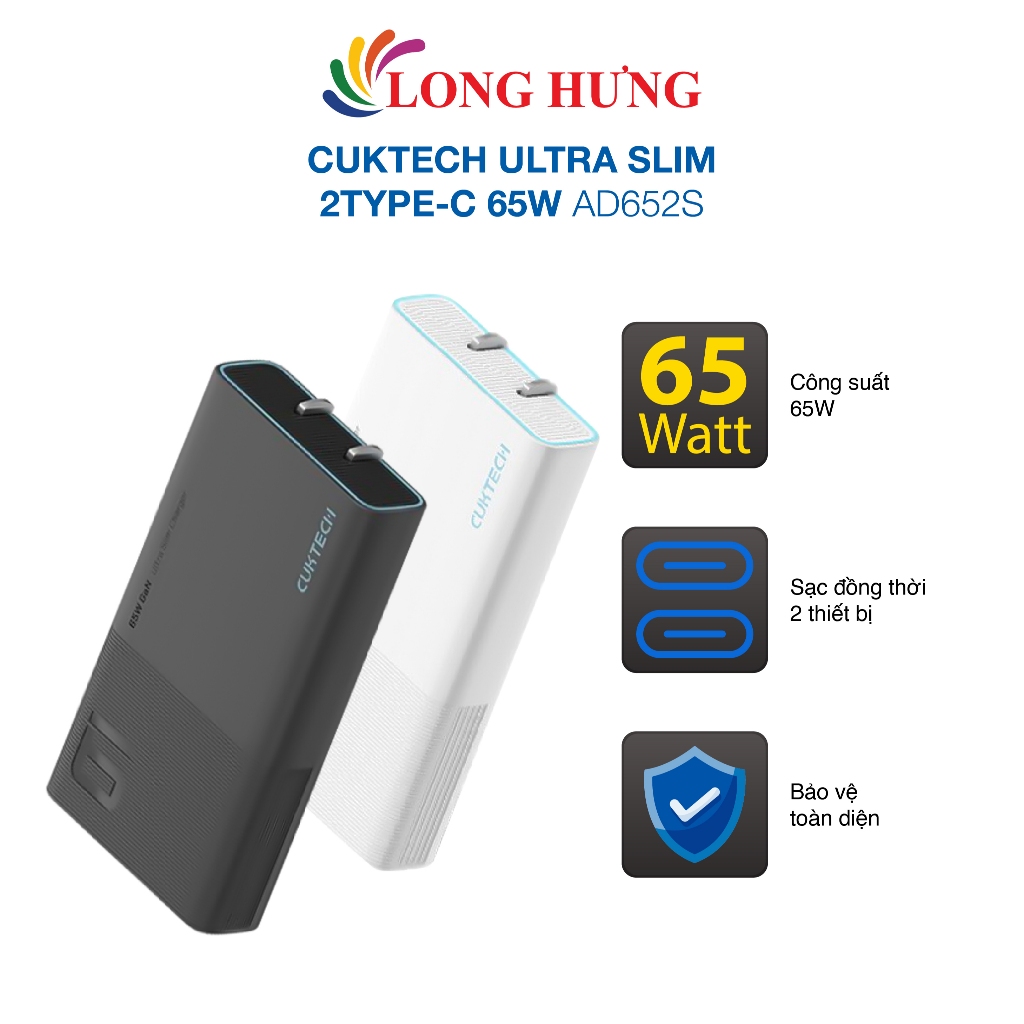 Cốc sạc Cuktech Ultra Slim 2Type-C 65W AD652S - Hàng chính hãng