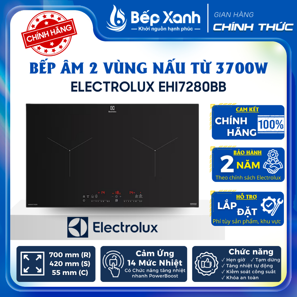 [FREESHIP HCM] Bếp Từ Âm Electrolux EHI7280BB - 2 Vùng Nấu - Ngang 70cm - Bảo Hành Chính Hãng 2 Năm