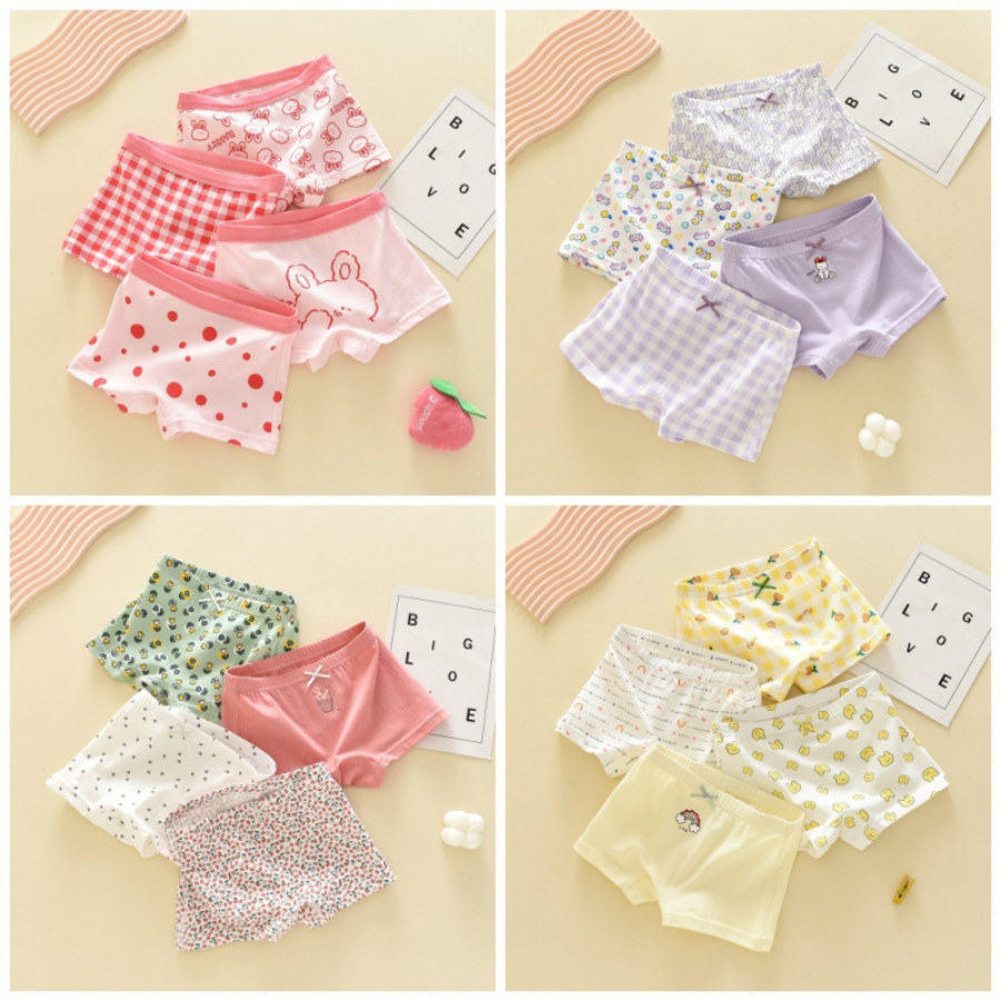 Set 4 Quần Chip Bé Gái Cotton Co Giãn Mềm Mịn, Quần Lót Trẻ Em An Toàn Cho Bé 9–35kg