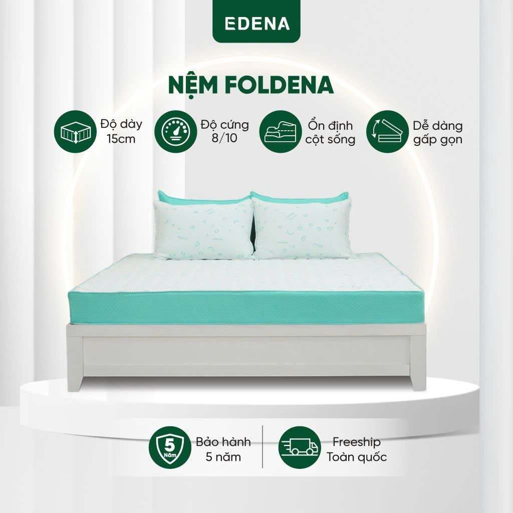 Nệm Bông Ép Gấp 2 Cao Cấp Foldena Edena, Nệm Cứng Áo Vải Tencel Thoáng Mát - Độ cao 15cm