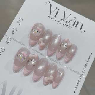  Nail box mắt mèo hello kitty màu hồng da. Móng giả thiết kế hello kitty 