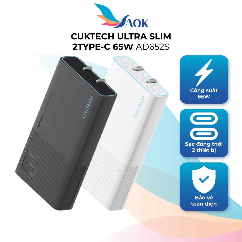Cốc sạc Cuktech Ultra Slim 2Type-C 65W AD652S - Hàng chính hãng