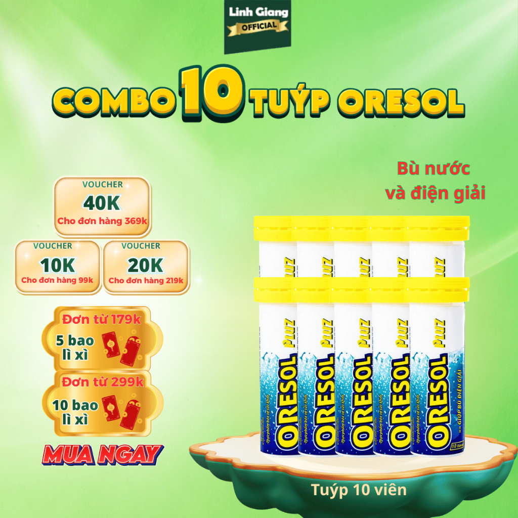 Combo 10 tuýp viên sủi Oresol Pluz, giúp cơ thể bù nước và điện giải, tăng cường sức đề kháng, hỗ tr