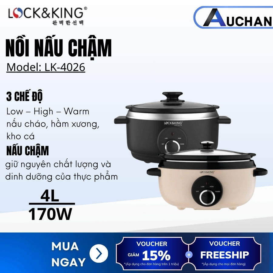 Nồi nấu chậm Lock&King LK-4026 lòng gốm Ceramic cao cấp 4L, công suất 170W nấu cháo, kho cá