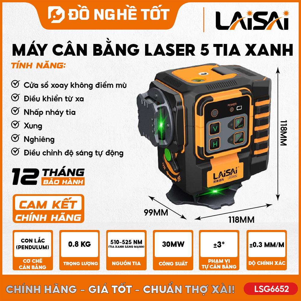 Máy Cân Bằng Laser 12 Tia Chuyên Nghiệp LAISAI LSG6652, Kèm 2 Pin 3500 mAh – Trợ Thủ Đắc Lực Thi Côn